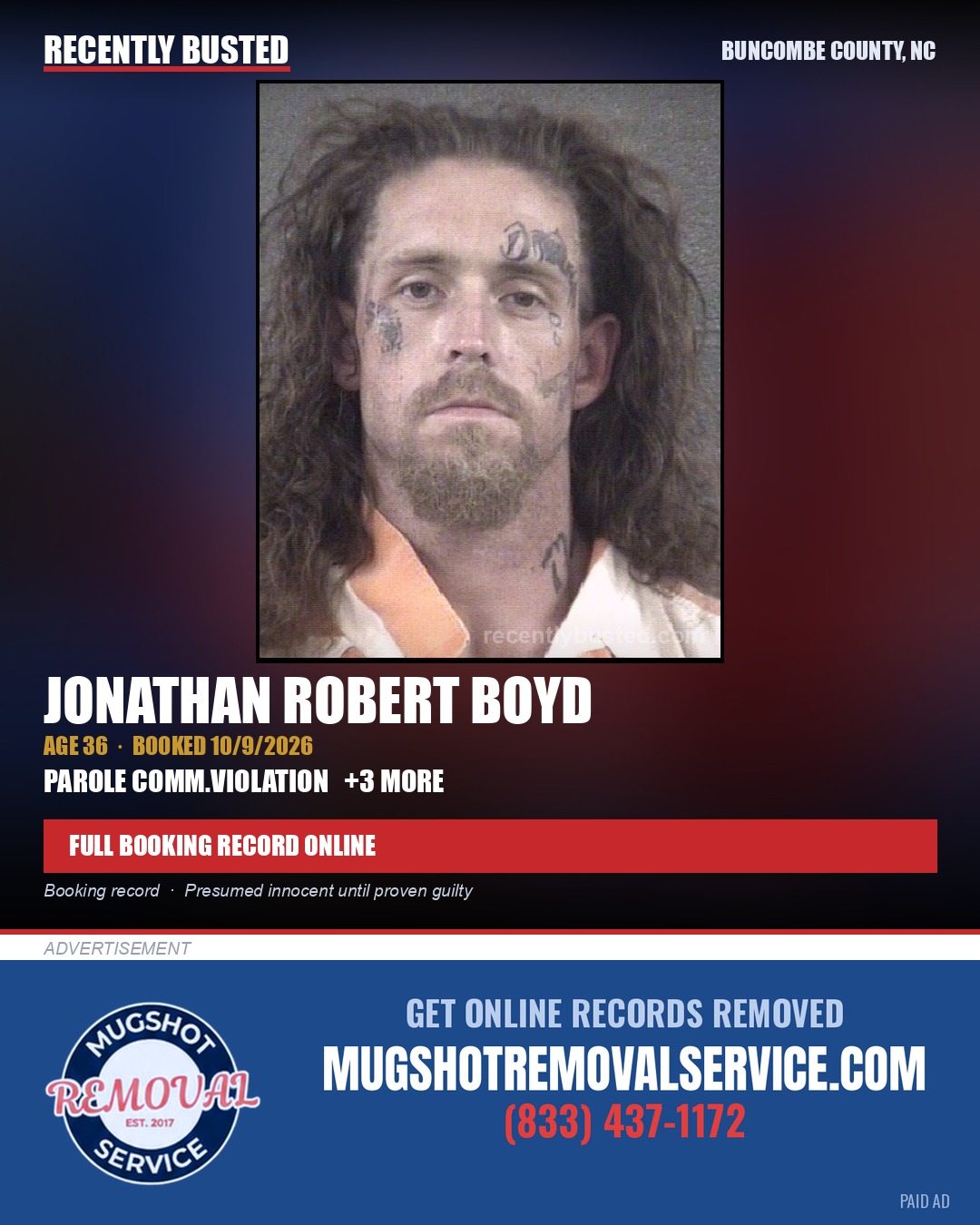 JONATHAN ROBERT BOYD — arrest record card, Buncombe County, North Carolina