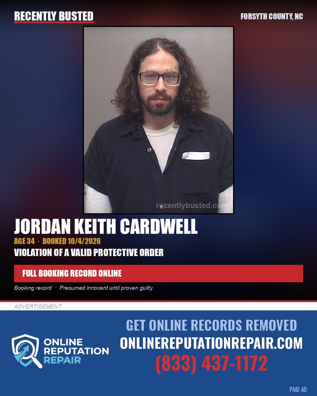 JORDAN KEITH CARDWELL — arrest record card, Forsyth County, North Carolina