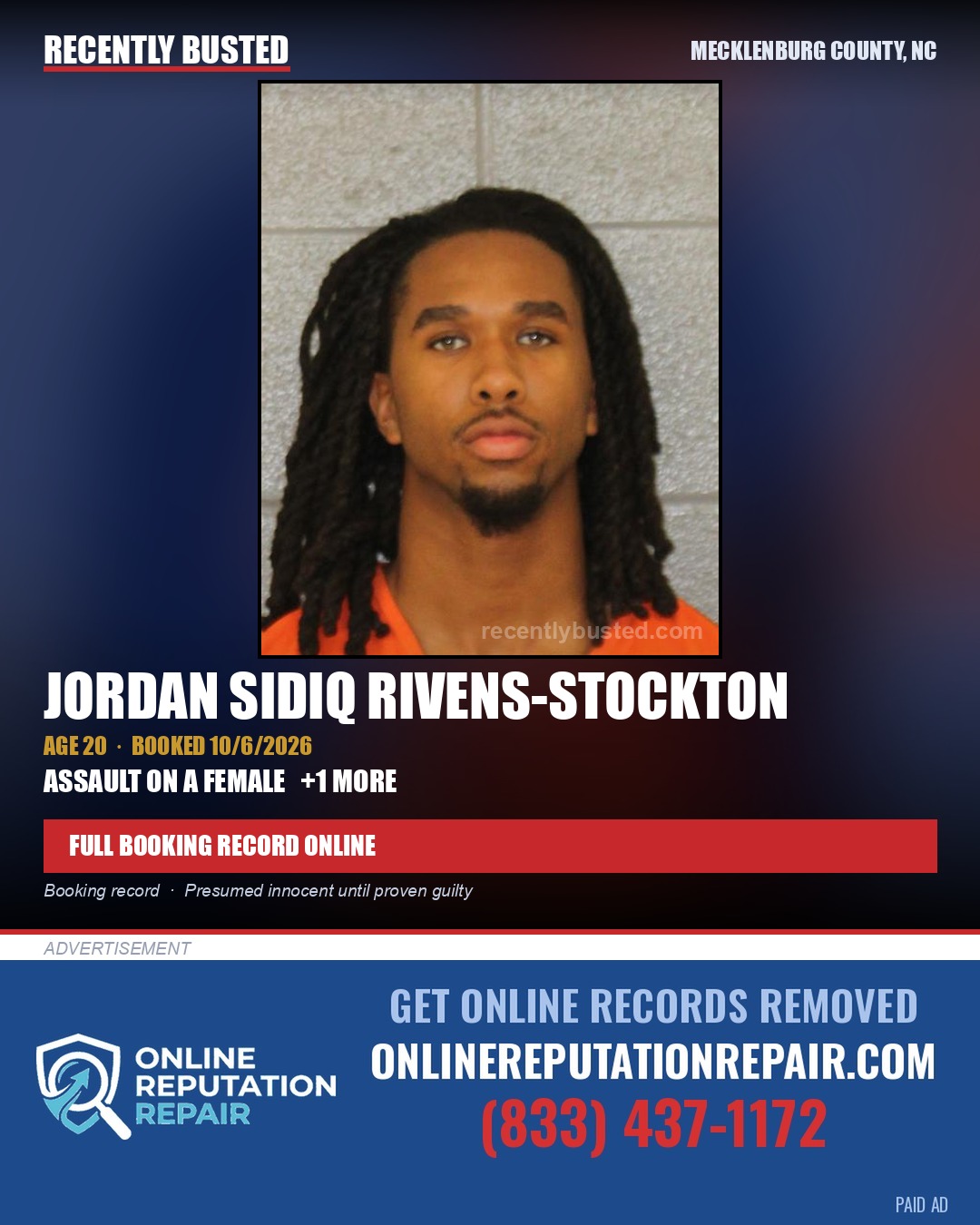 JORDAN SIDIQ RIVENS-STOCKTON — arrest record card, Mecklenburg County, North Carolina