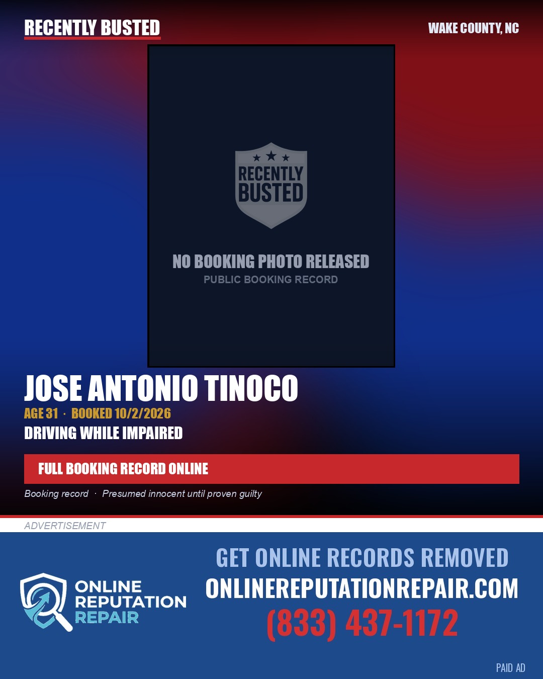 JOSE ANTONIO TINOCO — arrest record card, Wake County, North Carolina