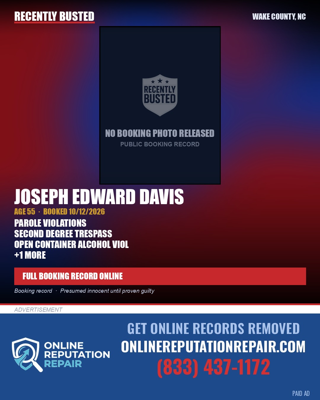 JOSEPH EDWARD DAVIS — arrest record card, Wake County, North Carolina