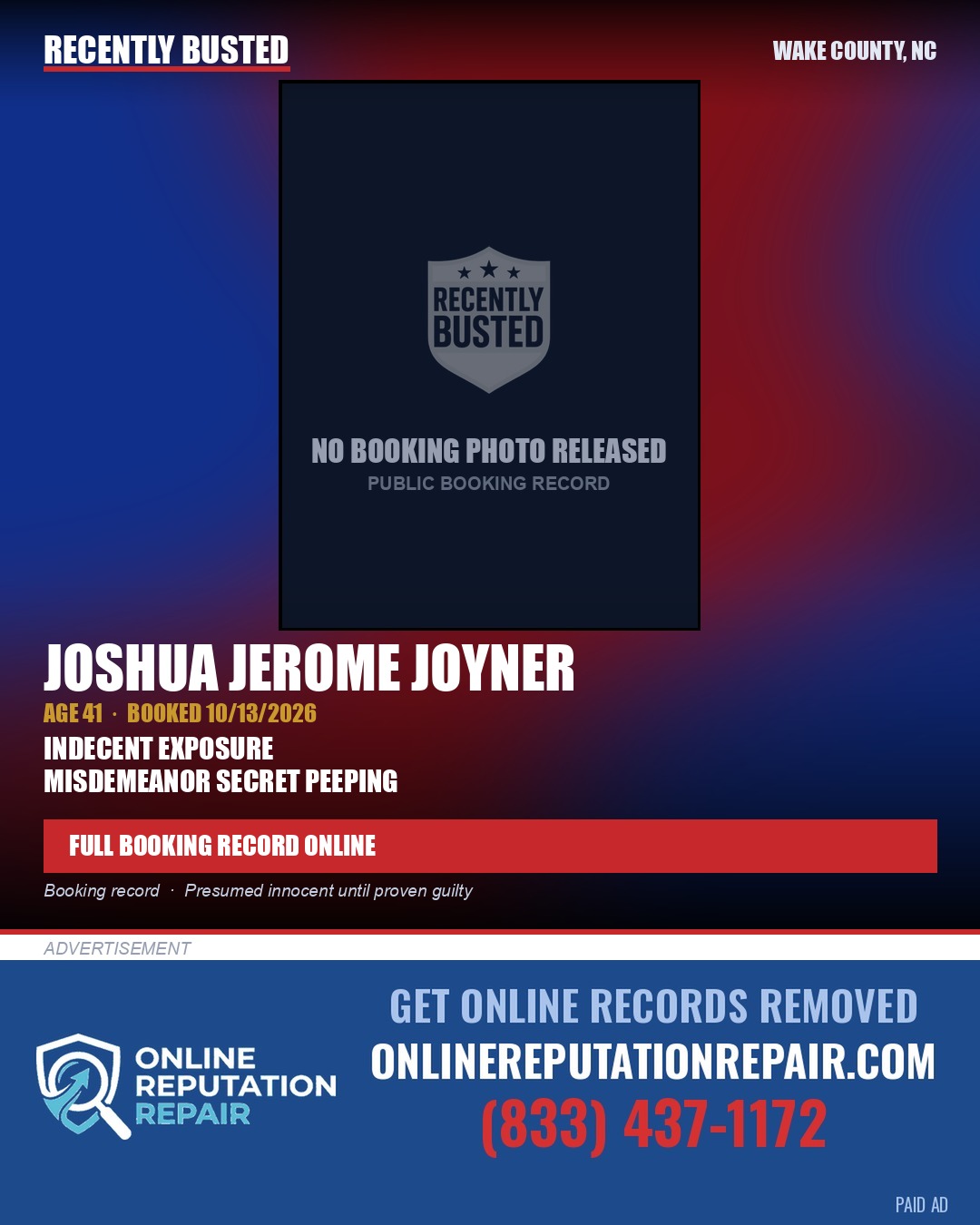 JOSHUA JEROME JOYNER — arrest record card, Wake County, North Carolina