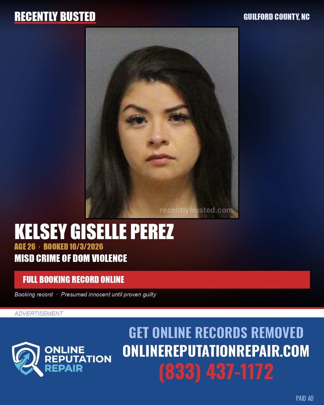 KELSEY GISELLE PEREZ — arrest record card, Guilford County, North Carolina