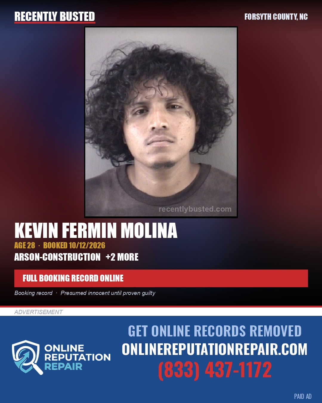 KEVIN FERMIN MOLINA — arrest record card, Forsyth County, North Carolina