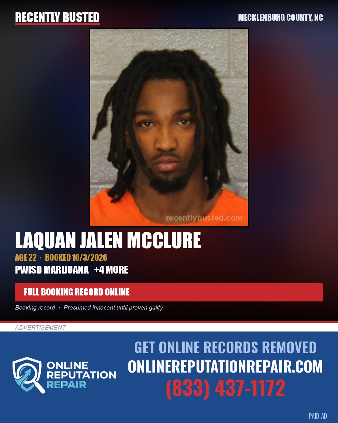 LAQUAN JALEN MCCLURE — arrest record card, Mecklenburg County, North Carolina