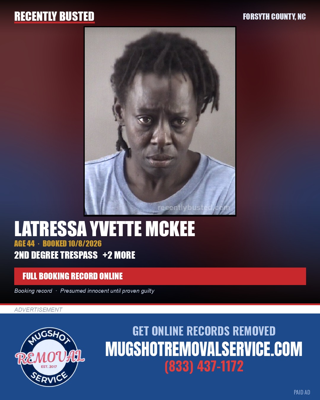 LATRESSA YVETTE MCKEE — arrest record card, Forsyth County, North Carolina