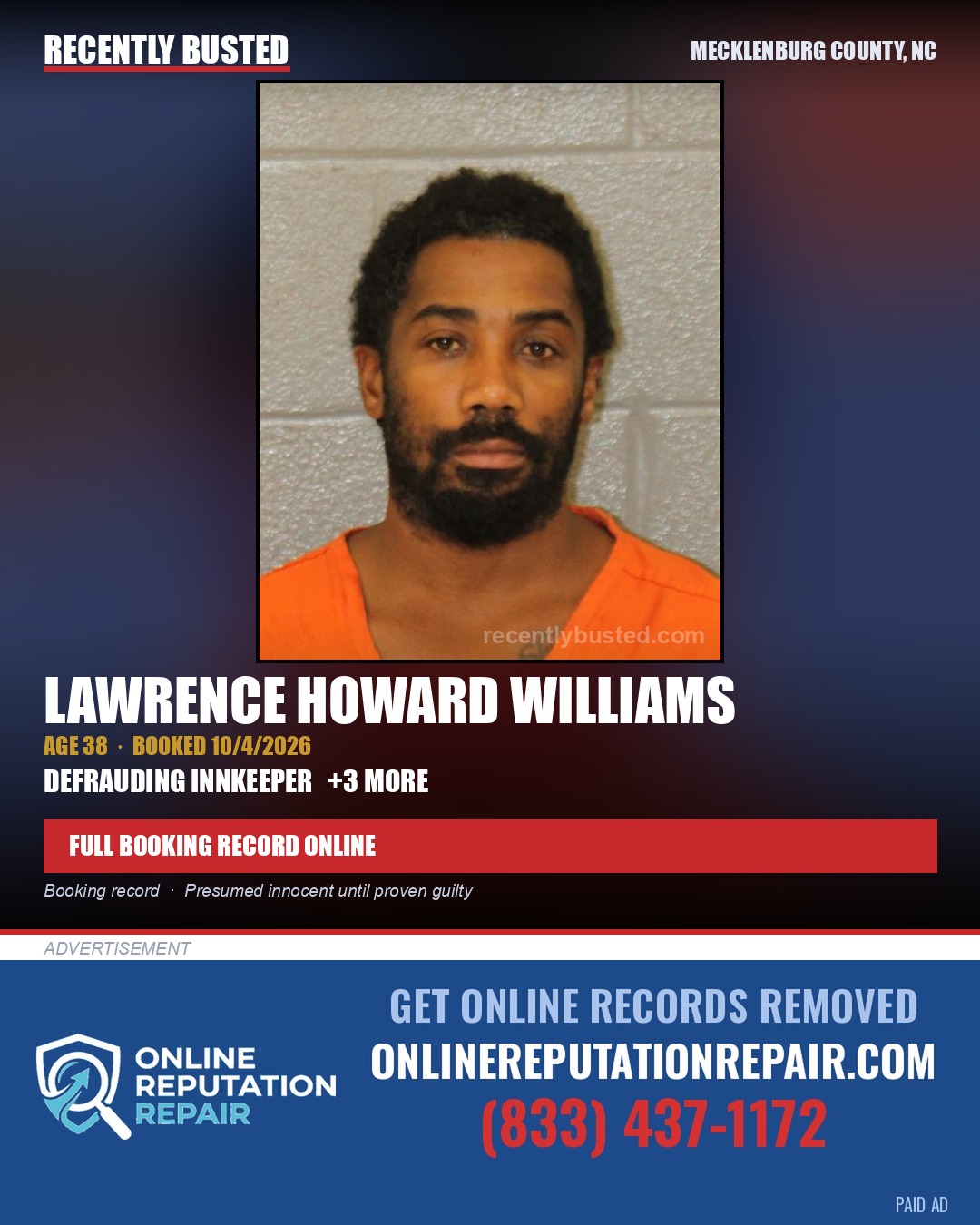 LAWRENCE HOWARD WILLIAMS — arrest record card, Mecklenburg County, North Carolina