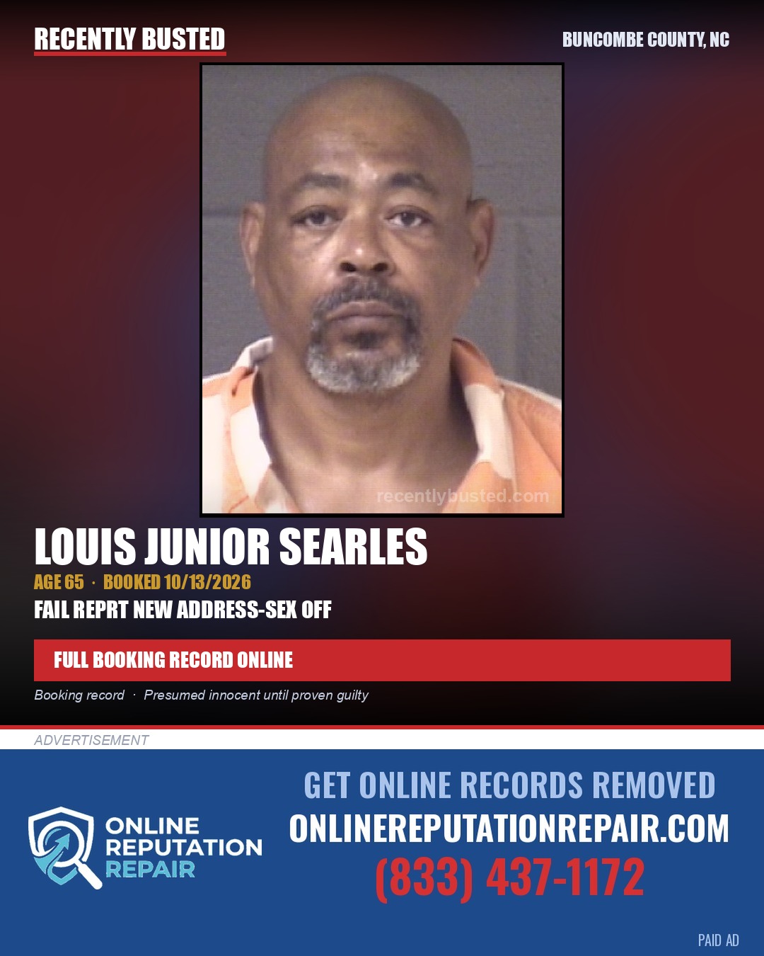 LOUIS JUNIOR SEARLES — arrest record card, Buncombe County, North Carolina