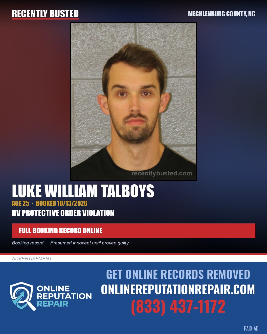 LUKE WILLIAM TALBOYS — arrest record card, Mecklenburg County, North Carolina
