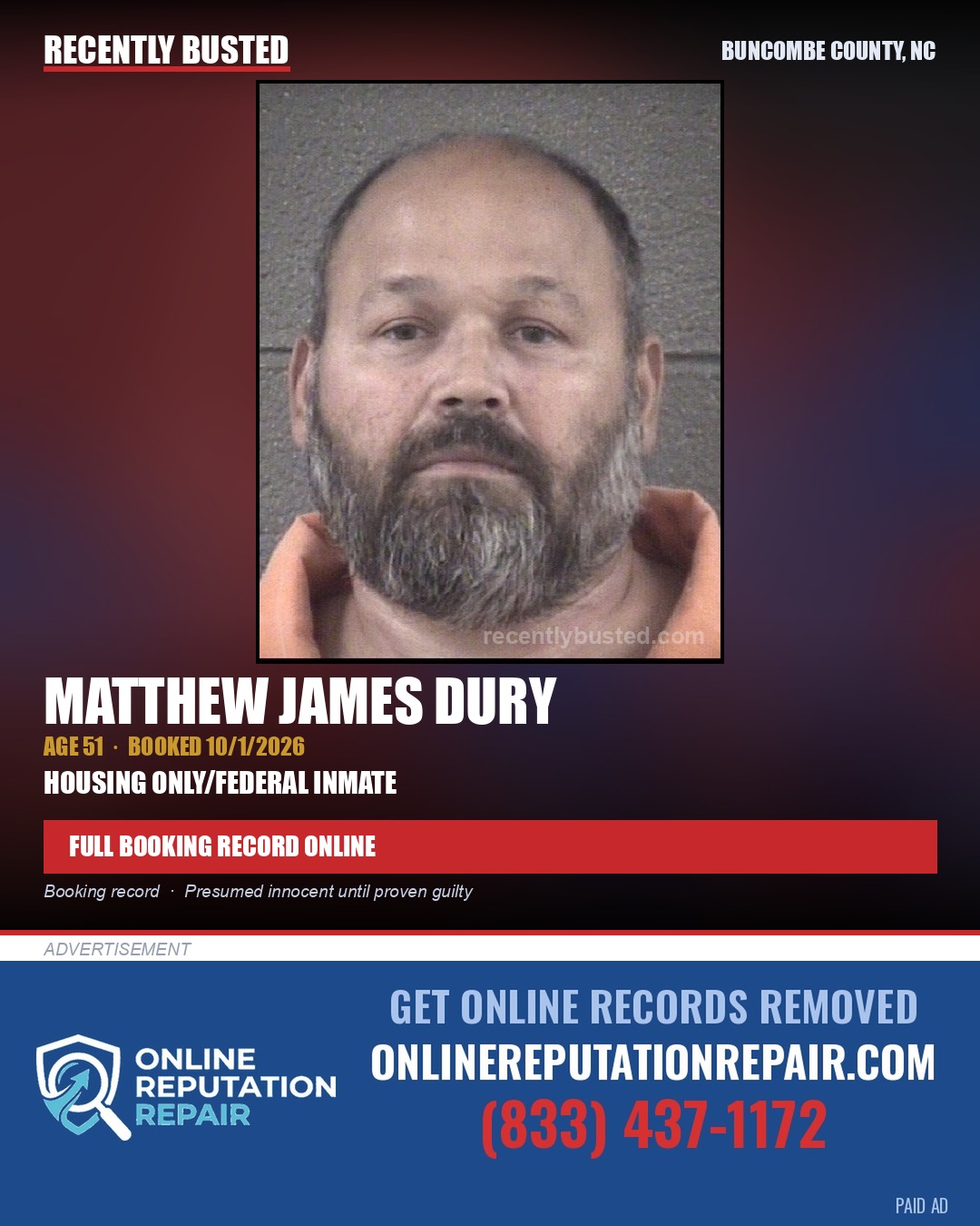 MATTHEW JAMES DURY — arrest record card, Buncombe County, North Carolina