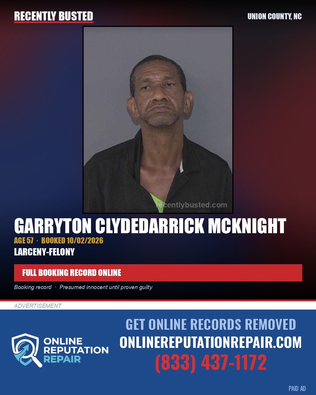MCKNIGHT, GARRYTON CLYDEDARRICK — arrest record card, Union County, North Carolina