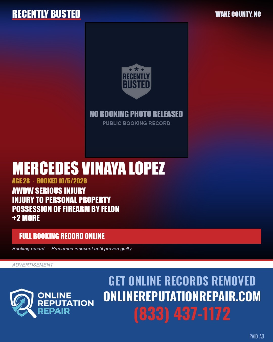 MERCEDES VINAYA LOPEZ — arrest record card, Wake County, North Carolina