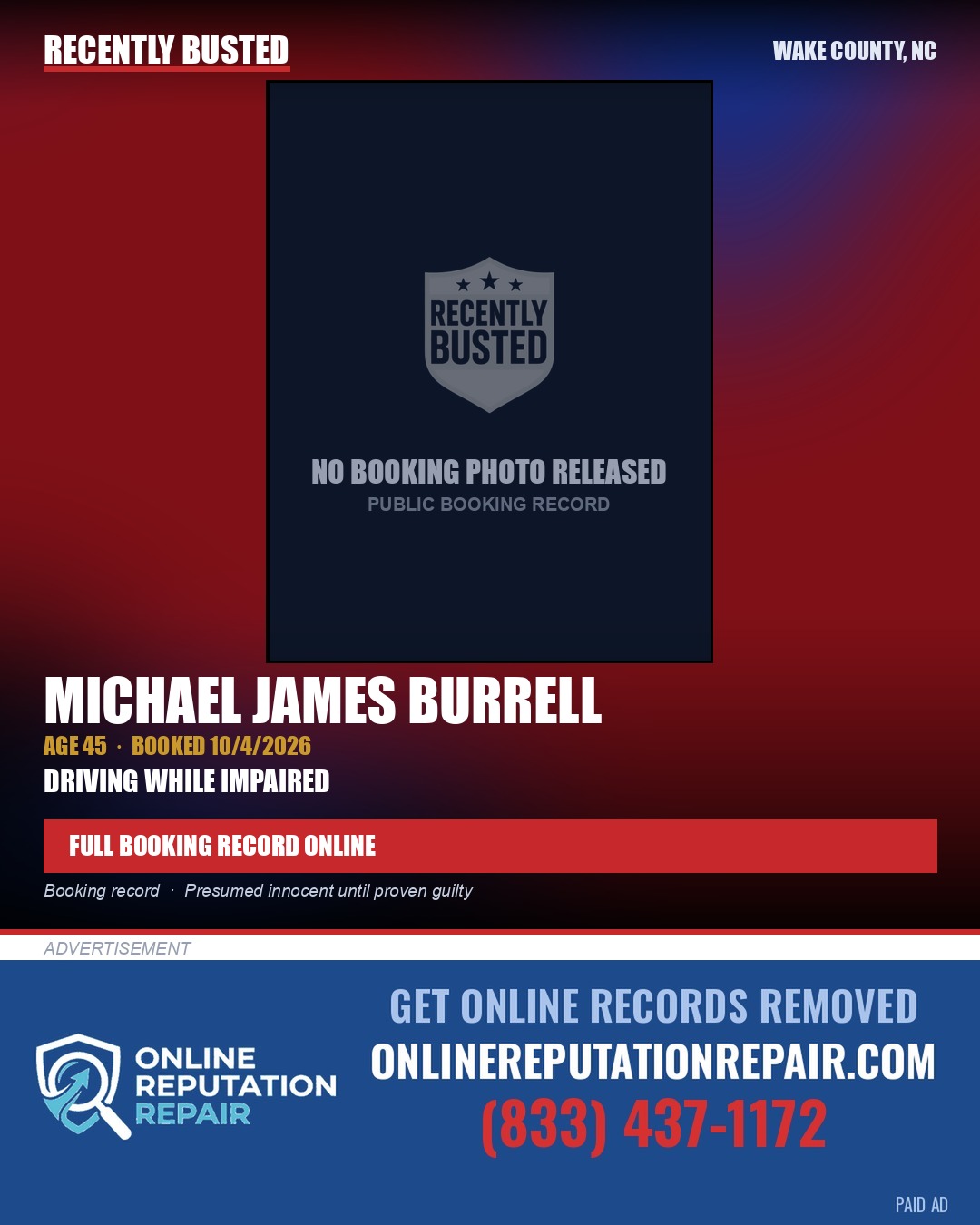 MICHAEL JAMES BURRELL — arrest record card, Wake County, North Carolina