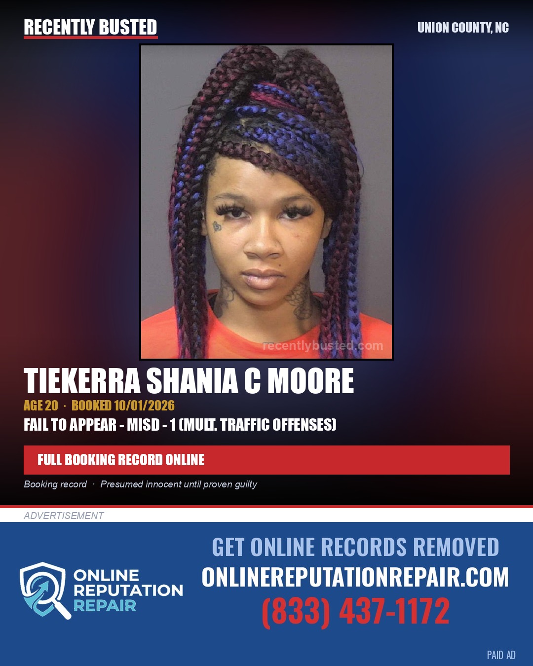 MOORE, TIEKERRA SHANIA C — arrest record card, Union County, North Carolina