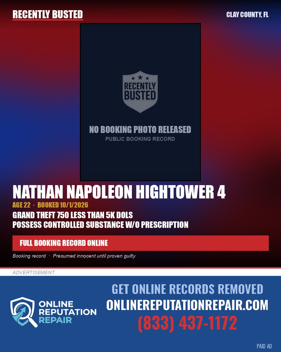 NATHAN NAPOLEON HIGHTOWER 4 — arrest record card, Clay County, Florida