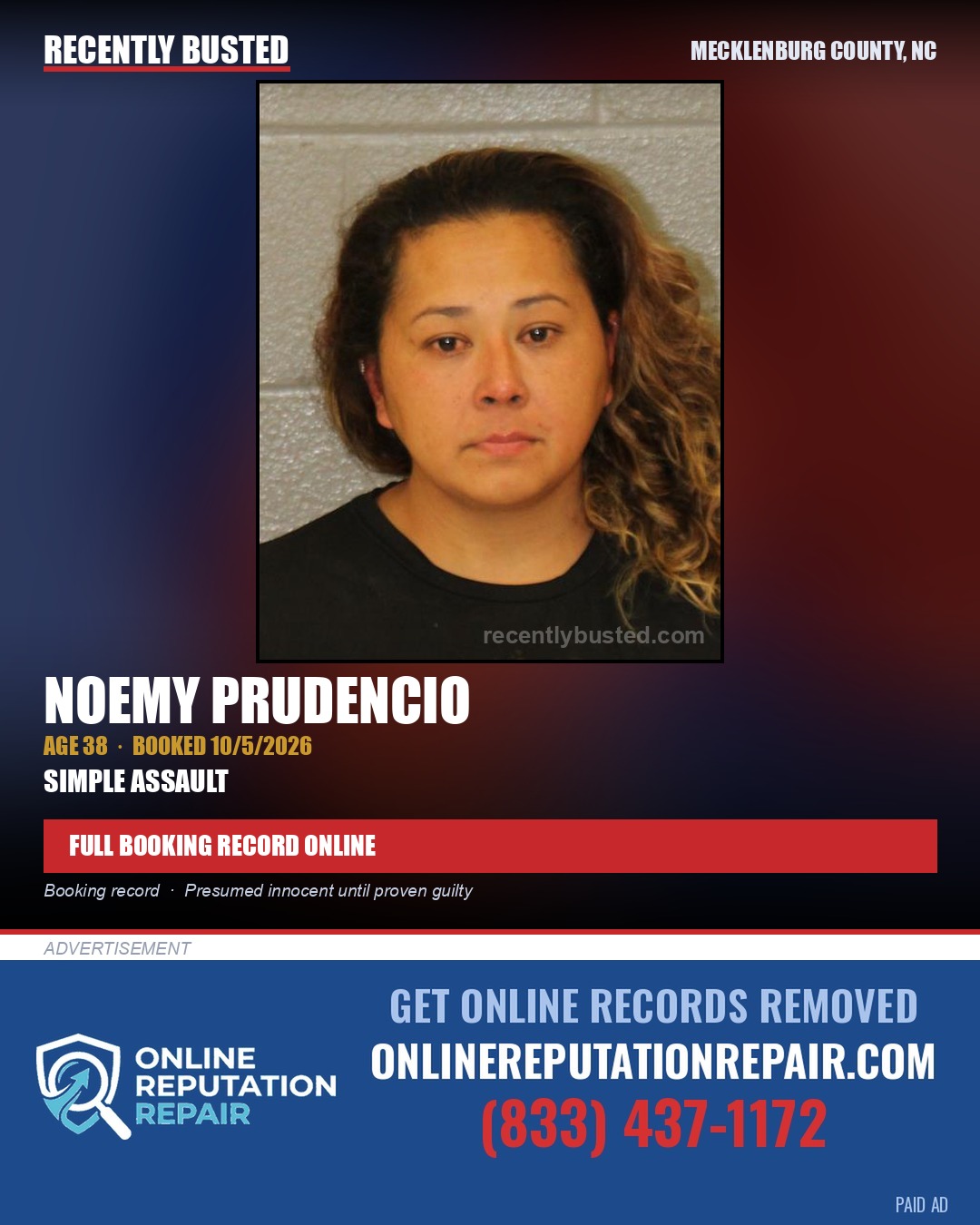 NOEMY PRUDENCIO — arrest record card, Mecklenburg County, North Carolina