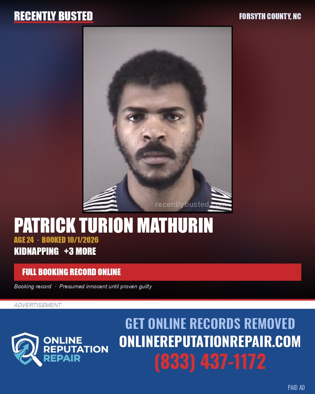 PATRICK TURION MATHURIN — arrest record card, Forsyth County, North Carolina
