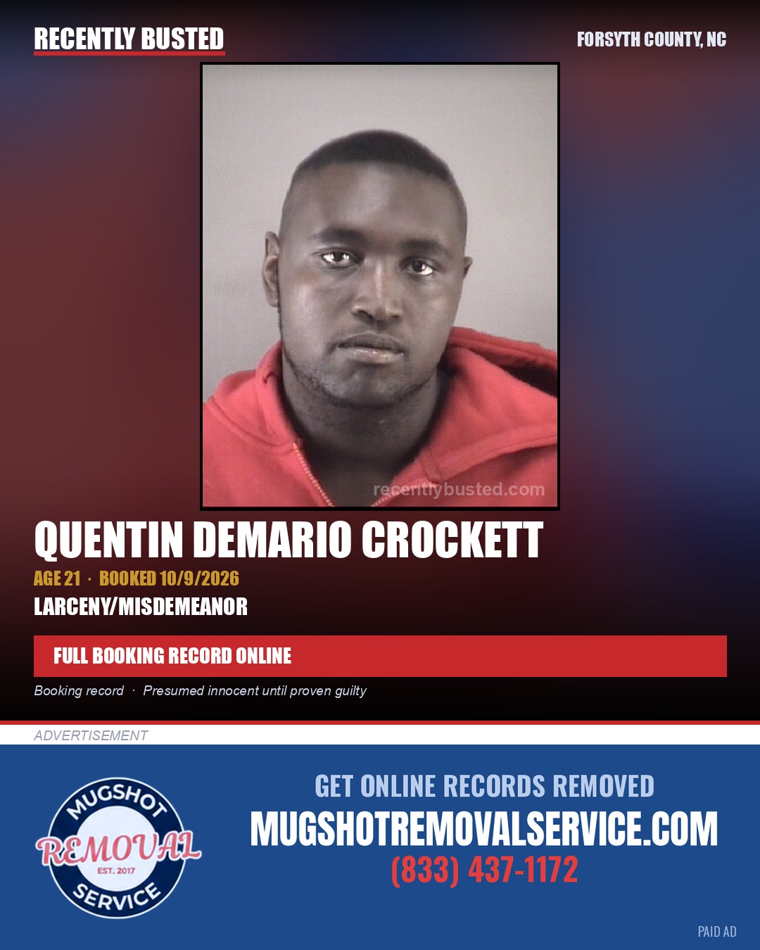 QUENTIN DEMARIO CROCKETT — arrest record card, Forsyth County, North Carolina