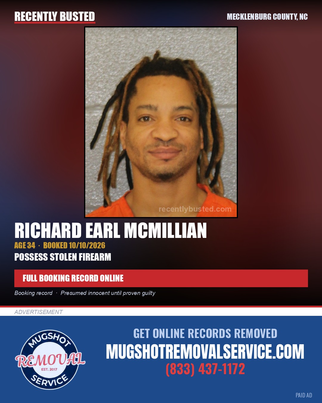 RICHARD EARL MCMILLIAN — arrest record card, Mecklenburg County, North Carolina