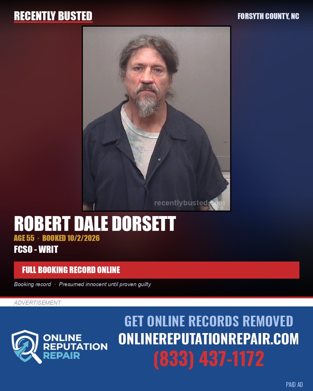ROBERT DALE DORSETT — arrest record card, Forsyth County, North Carolina
