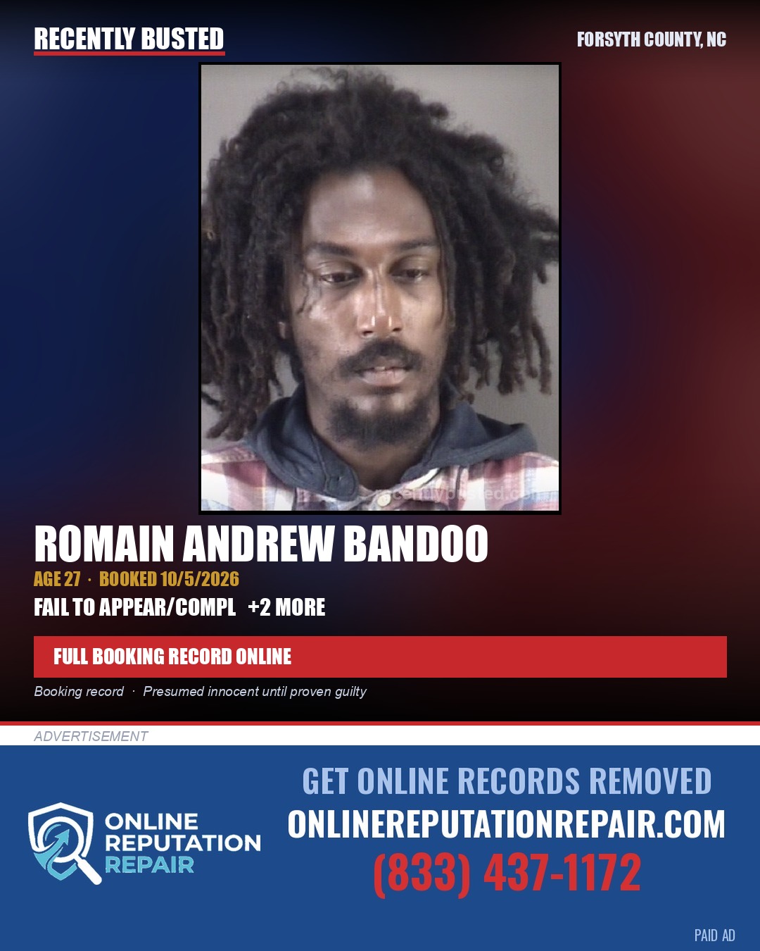 ROMAIN ANDREW BANDOO — arrest record card, Forsyth County, North Carolina