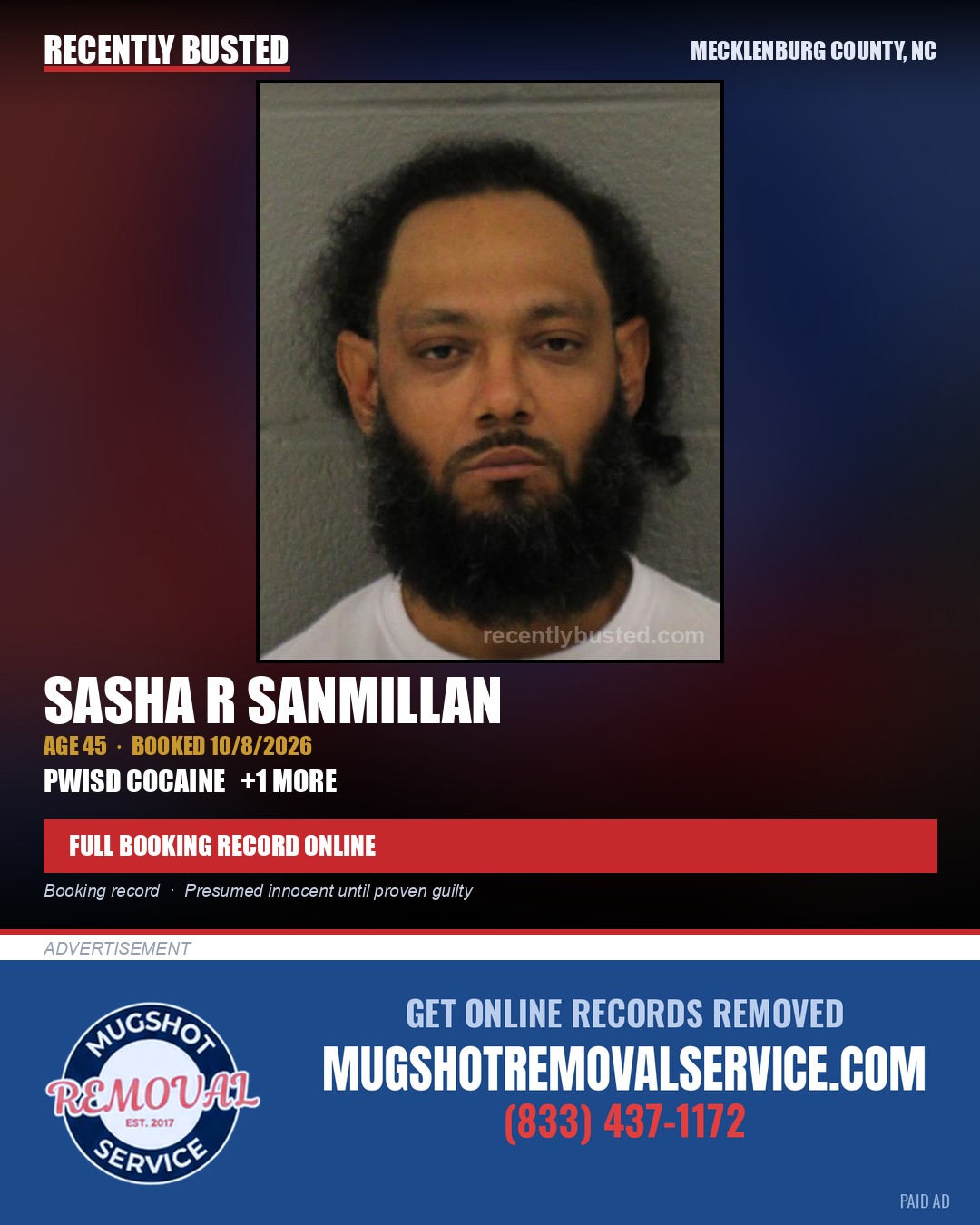 SASHA R SANMILLAN — arrest record card, Mecklenburg County, North Carolina
