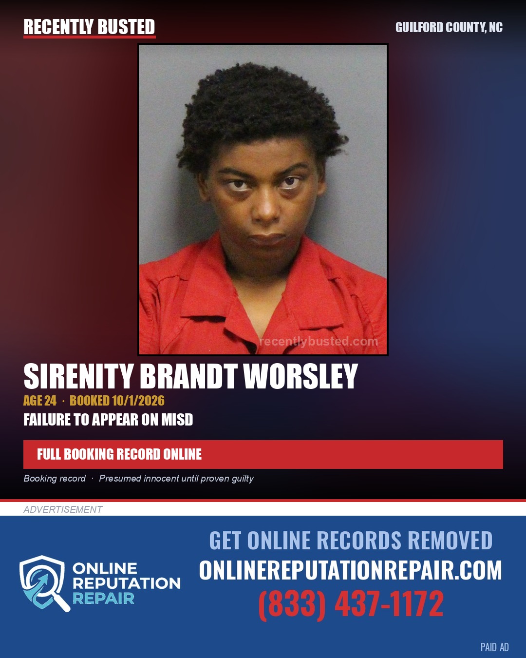 SIRENITY BRANDT WORSLEY — arrest record card, Guilford County, North Carolina