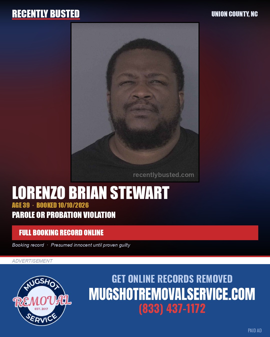 STEWART, LORENZO BRIAN — arrest record card, Union County, North Carolina