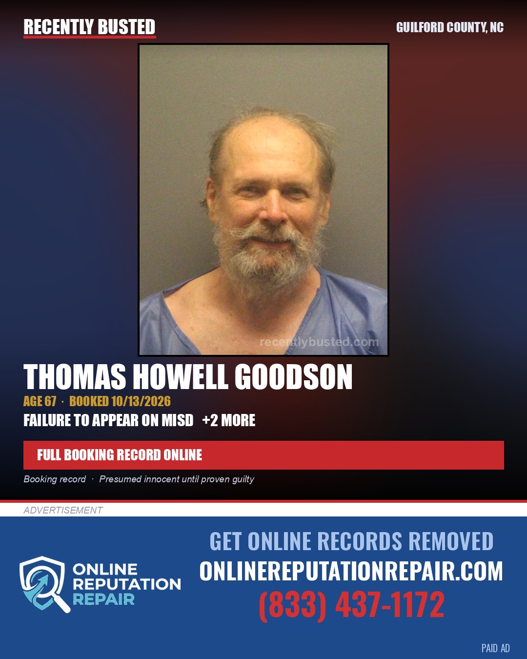 THOMAS HOWELL GOODSON — arrest record card, Guilford County, North Carolina