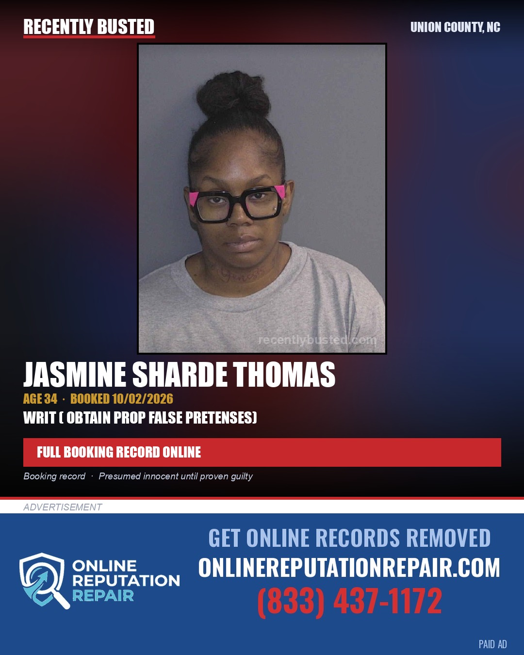 THOMAS, JASMINE SHARDE — arrest record card, Union County, North Carolina