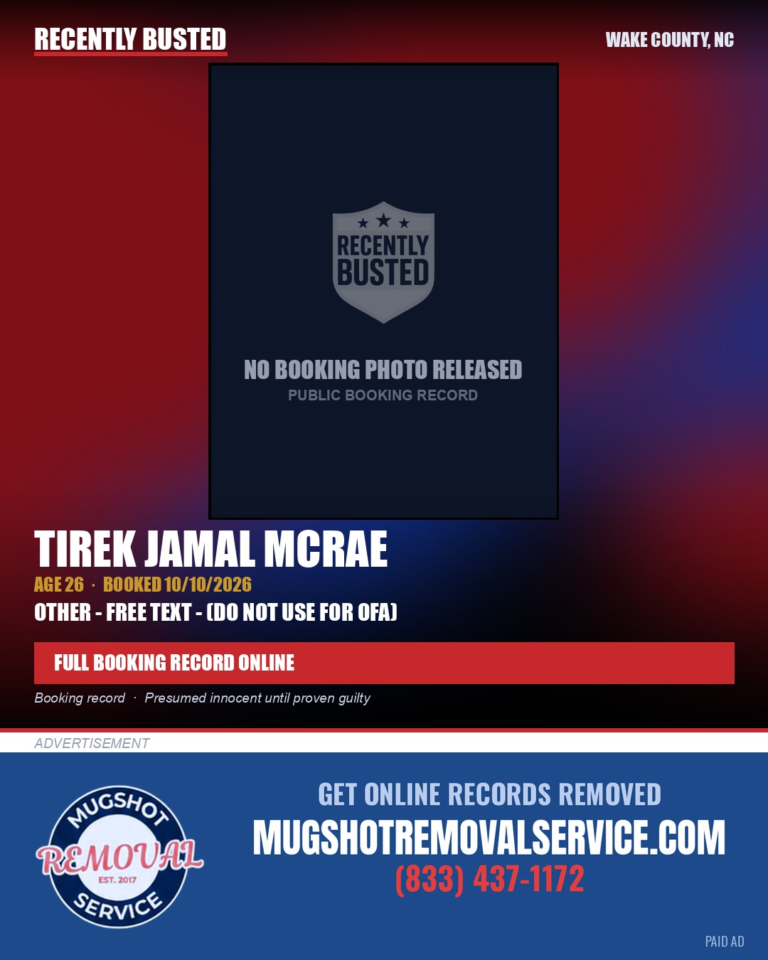 TIREK JAMAL MCRAE — arrest record card, Wake County, North Carolina