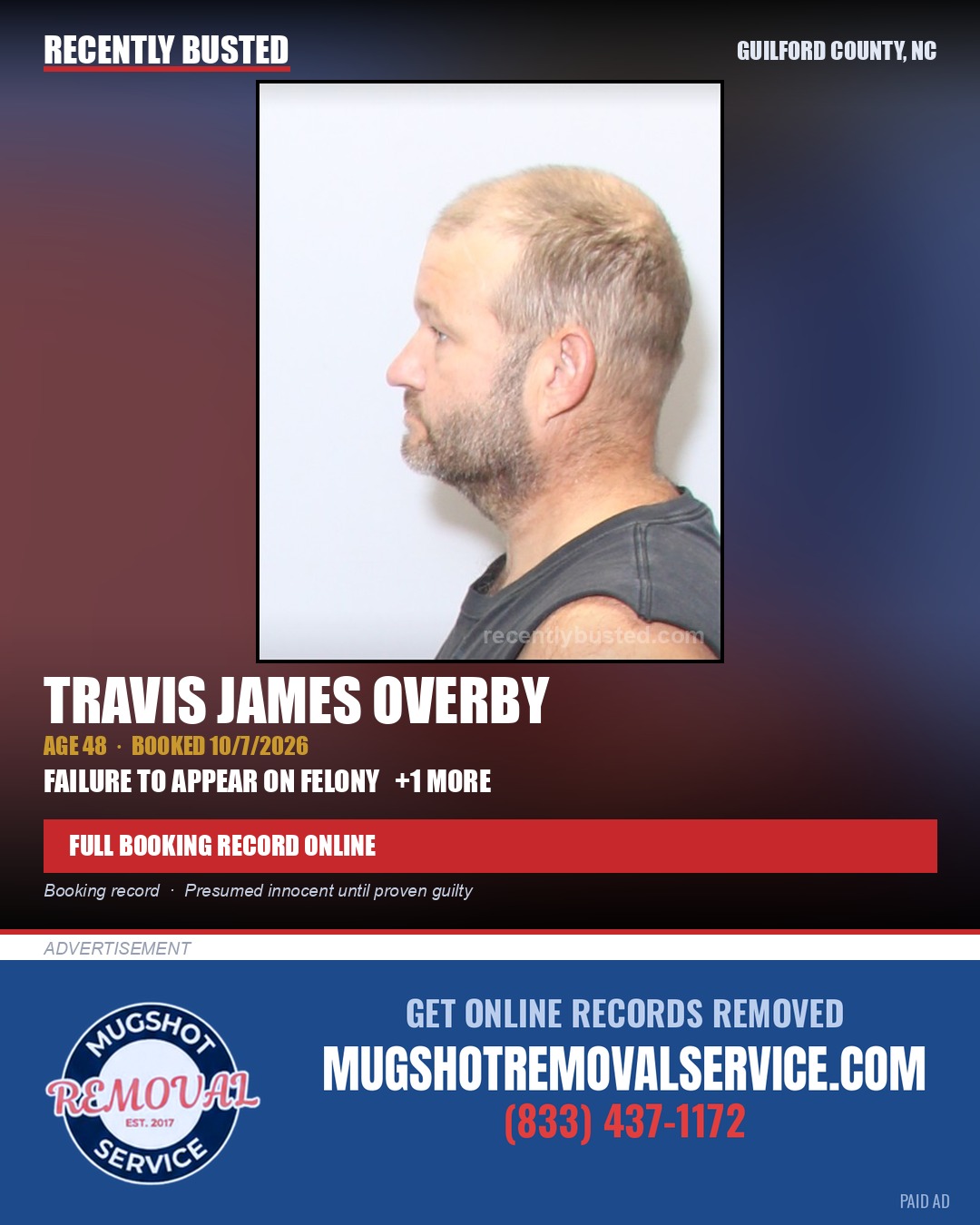 TRAVIS JAMES OVERBY — arrest record card, Guilford County, North Carolina