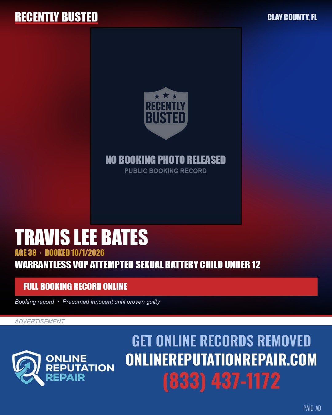 TRAVIS LEE BATES — arrest record card, Clay County, Florida