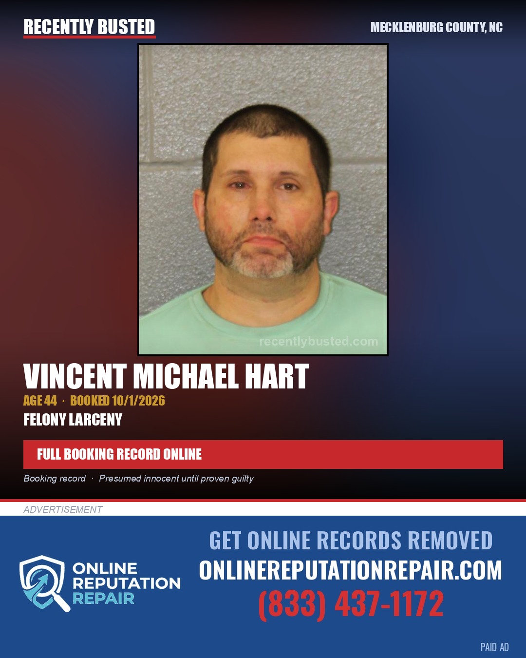 VINCENT MICHAEL HART — arrest record card, Mecklenburg County, North Carolina