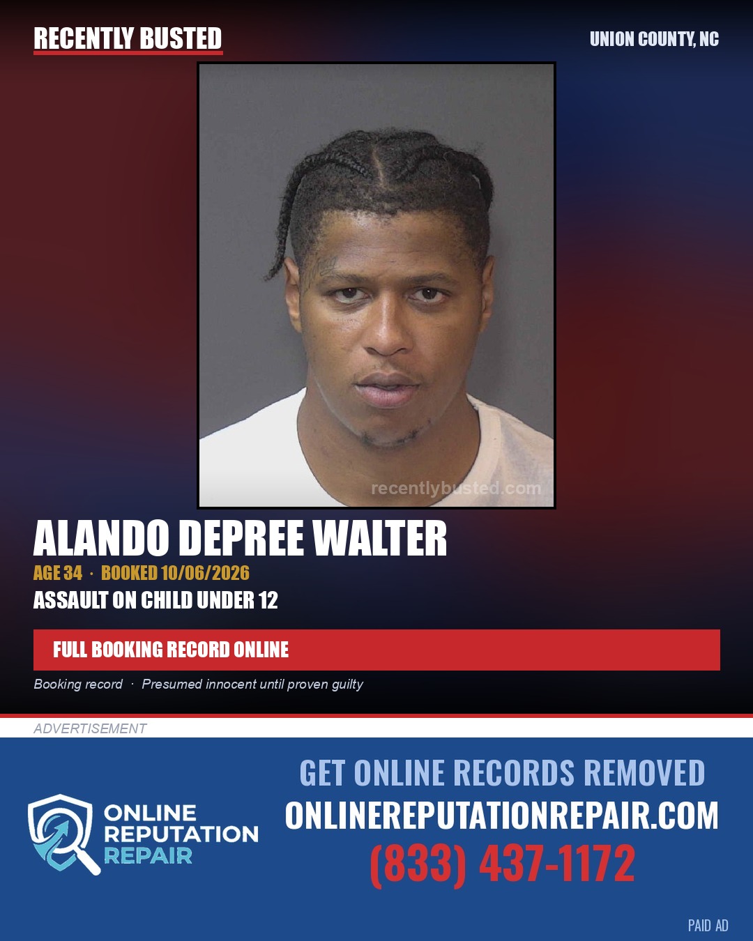 WALTER, ALANDO DEPREE — arrest record card, Union County, North Carolina