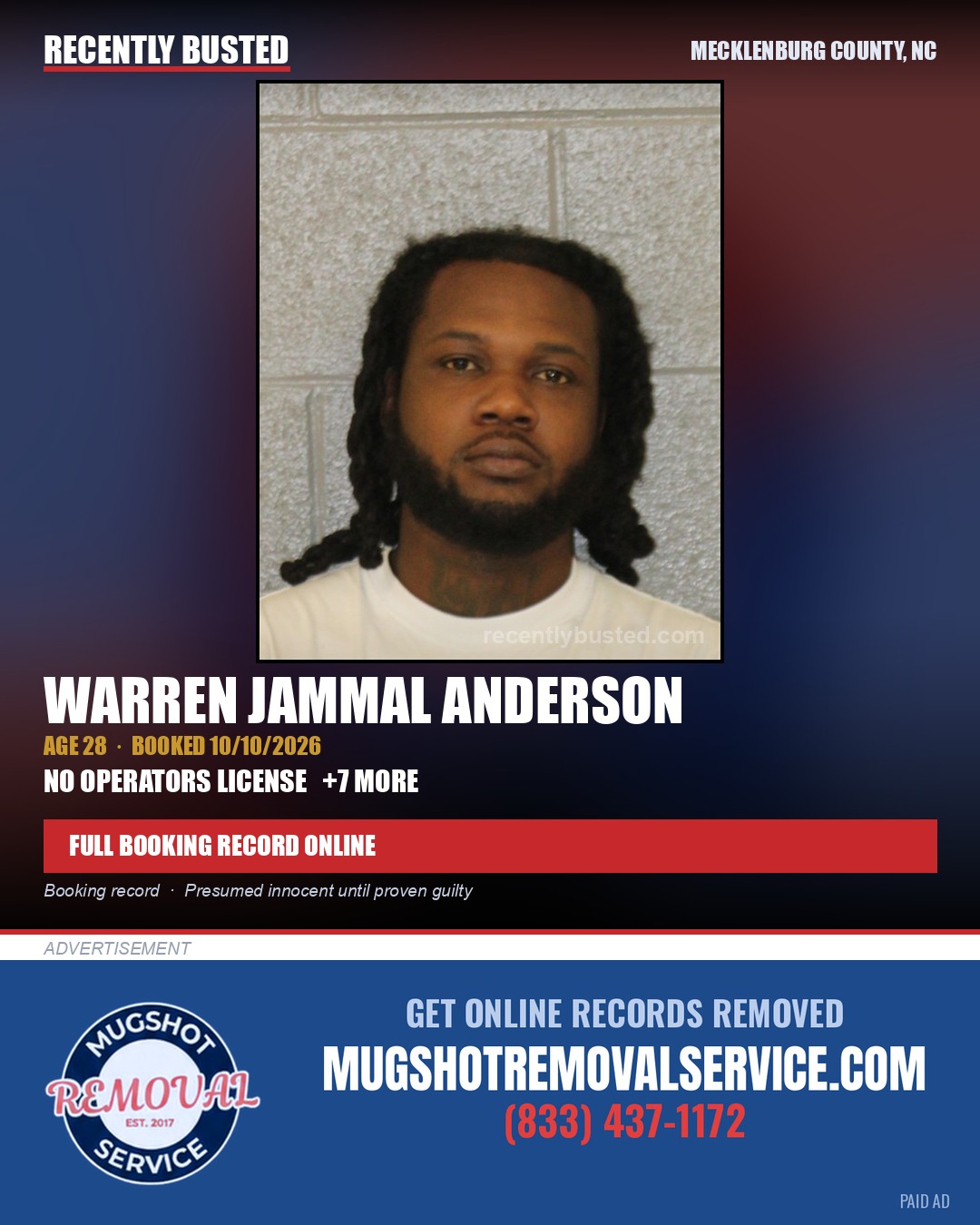 WARREN JAMMAL ANDERSON — arrest record card, Mecklenburg County, North Carolina