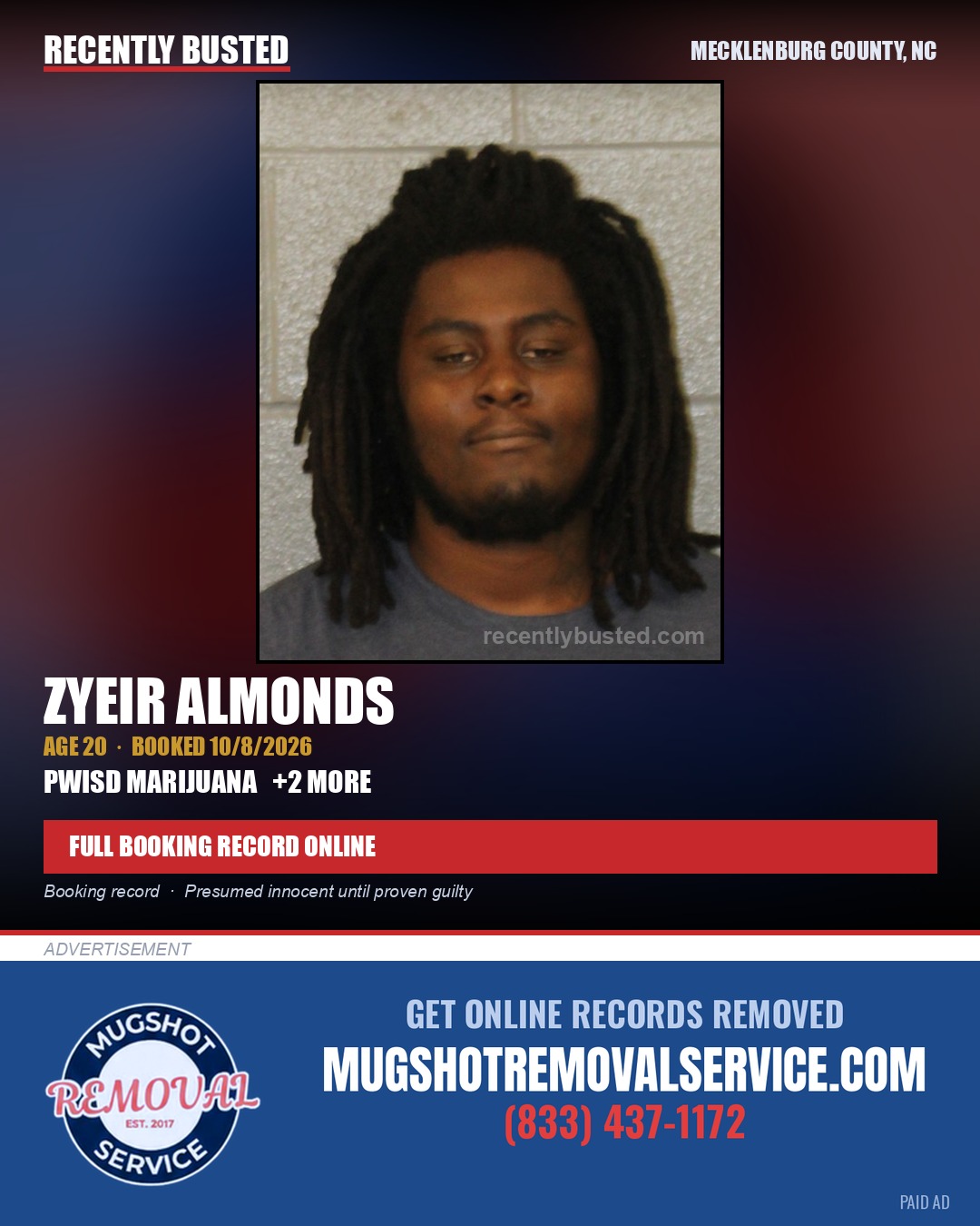 ZYEIR ALMONDS — arrest record card, Mecklenburg County, North Carolina
