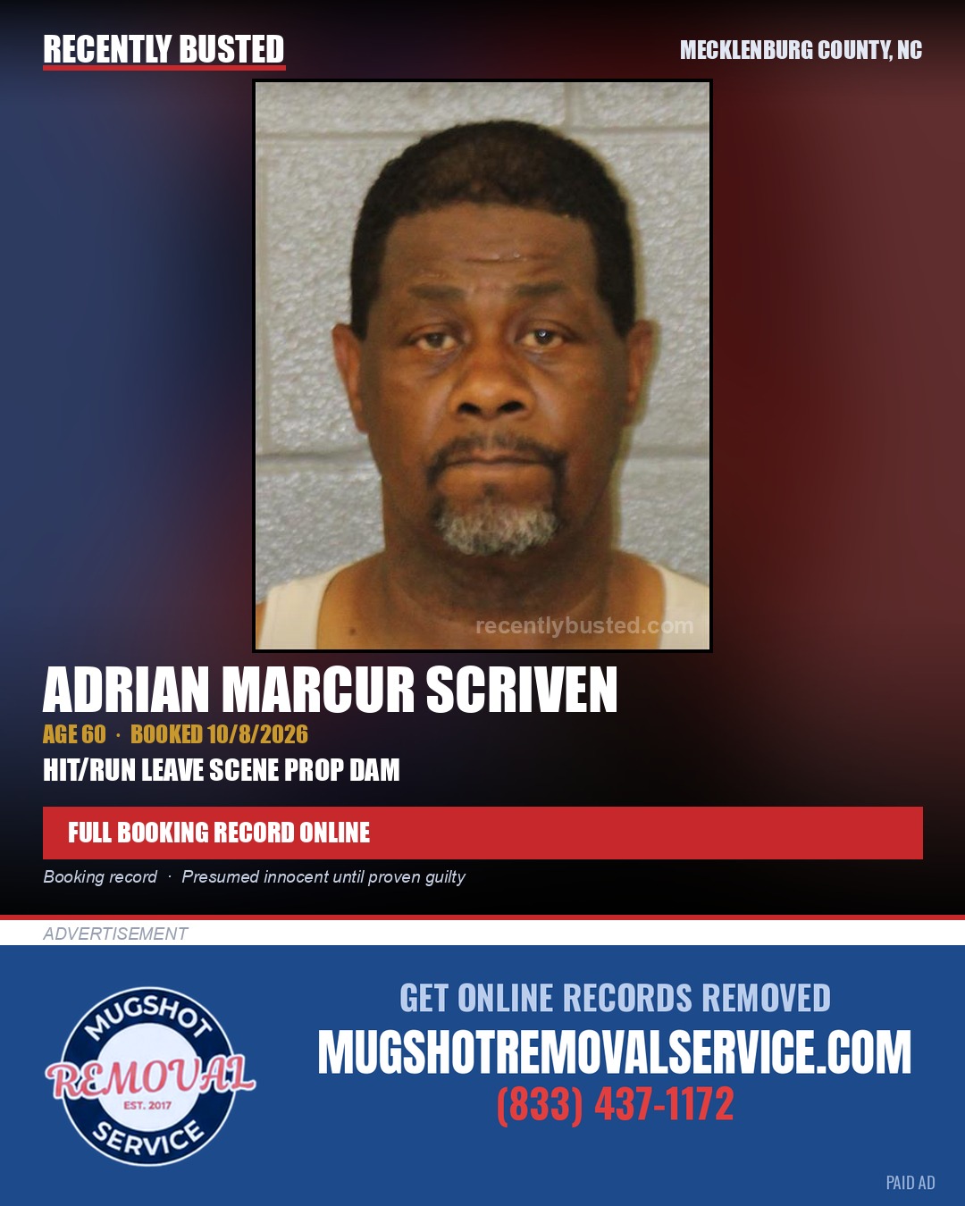 ADRIAN MARCUR SCRIVEN — arrest record card, Mecklenburg County, North Carolina