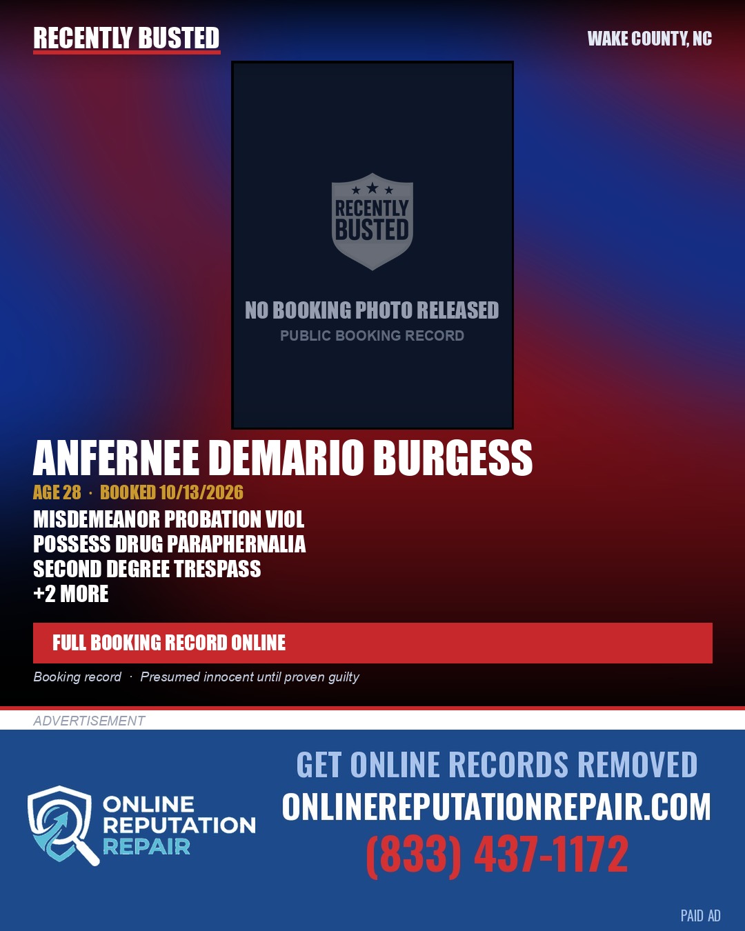 ANFERNEE DEMARIO BURGESS — arrest record card, Wake County, North Carolina