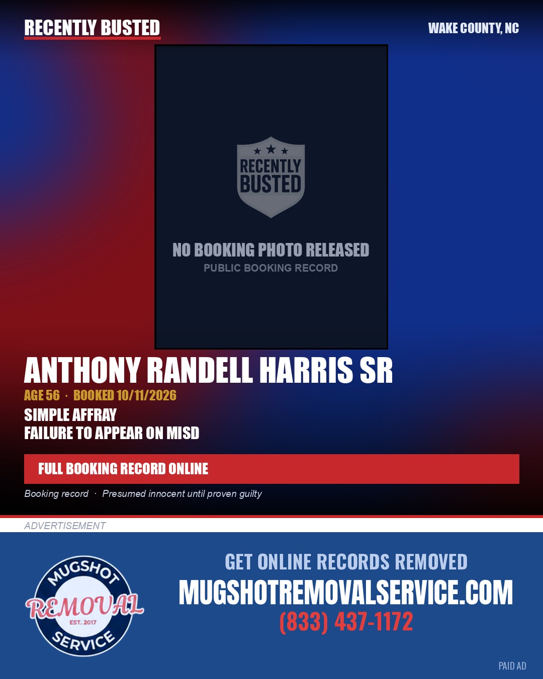 ANTHONY RANDELL HARRIS SR — arrest record card, Wake County, North Carolina