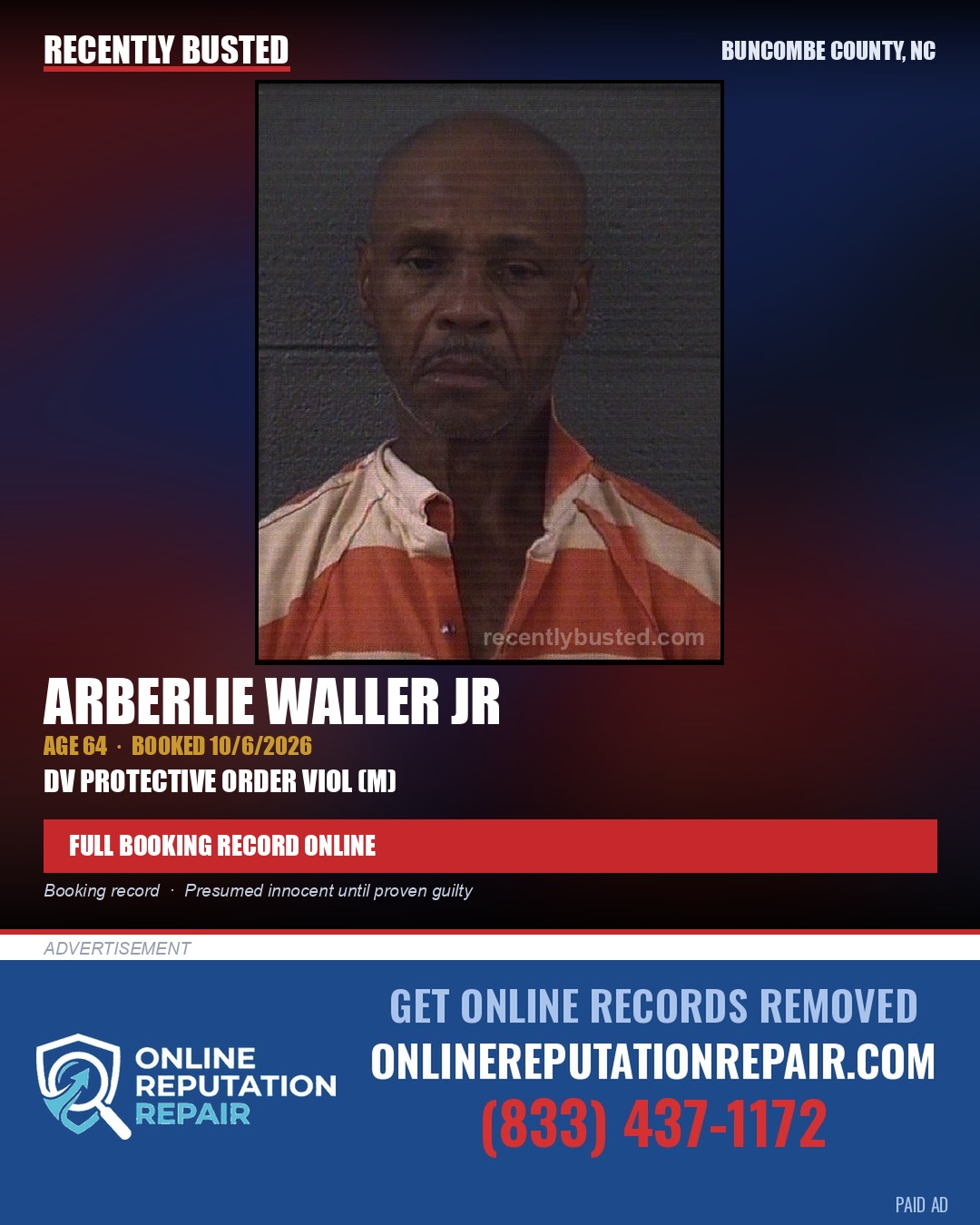 ARBERLIE WALLER JR — arrest record card, Buncombe County, North Carolina