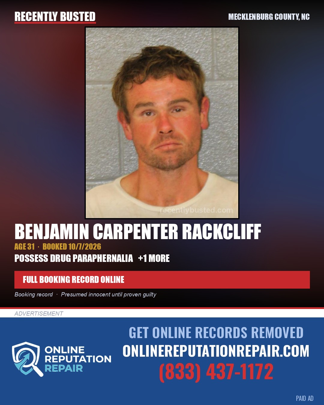BENJAMIN CARPENTER RACKCLIFF — arrest record card, Mecklenburg County, North Carolina