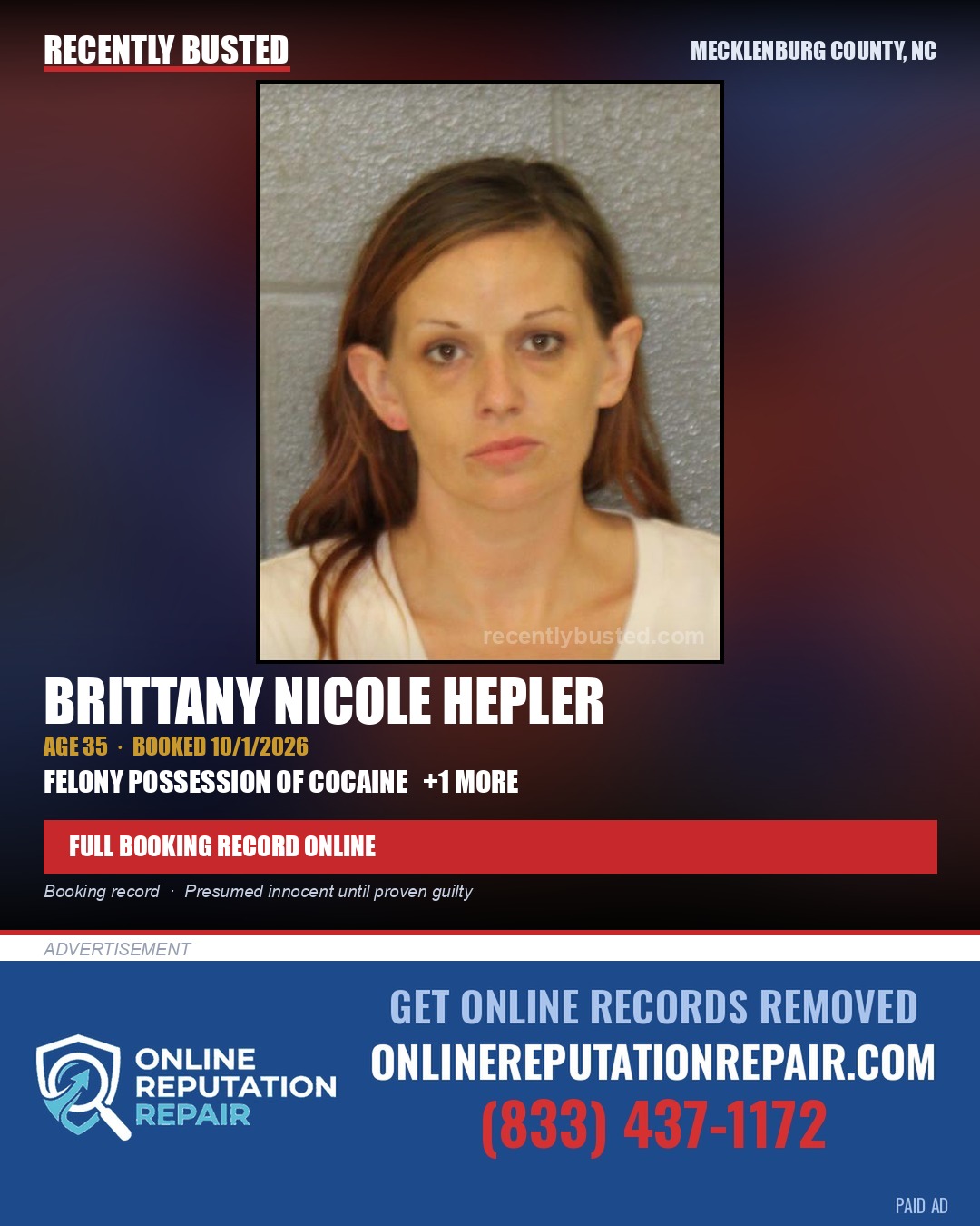 BRITTANY NICOLE HEPLER — arrest record card, Mecklenburg County, North Carolina