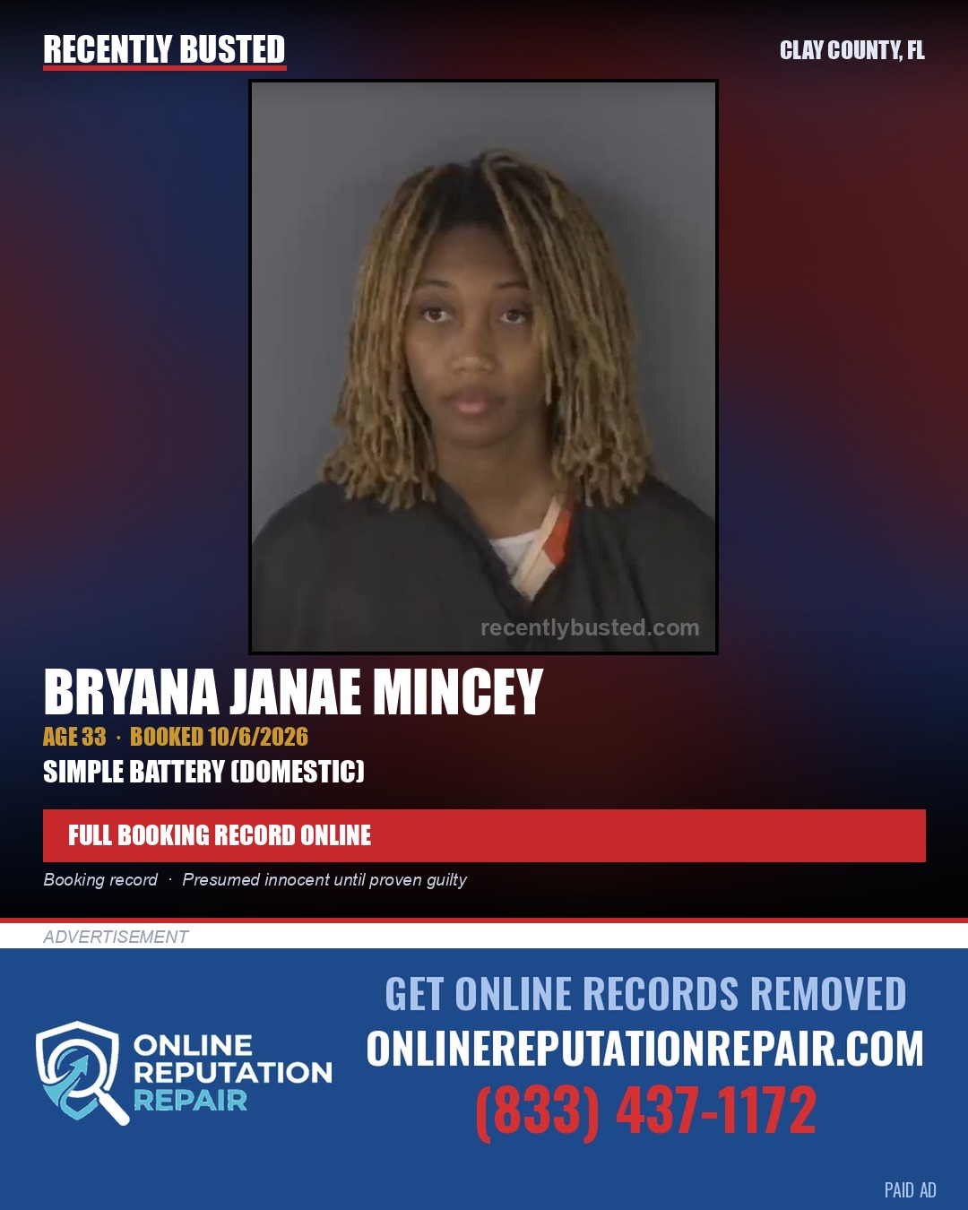 BRYANA JANAE MINCEY — arrest record card, Clay County, Florida
