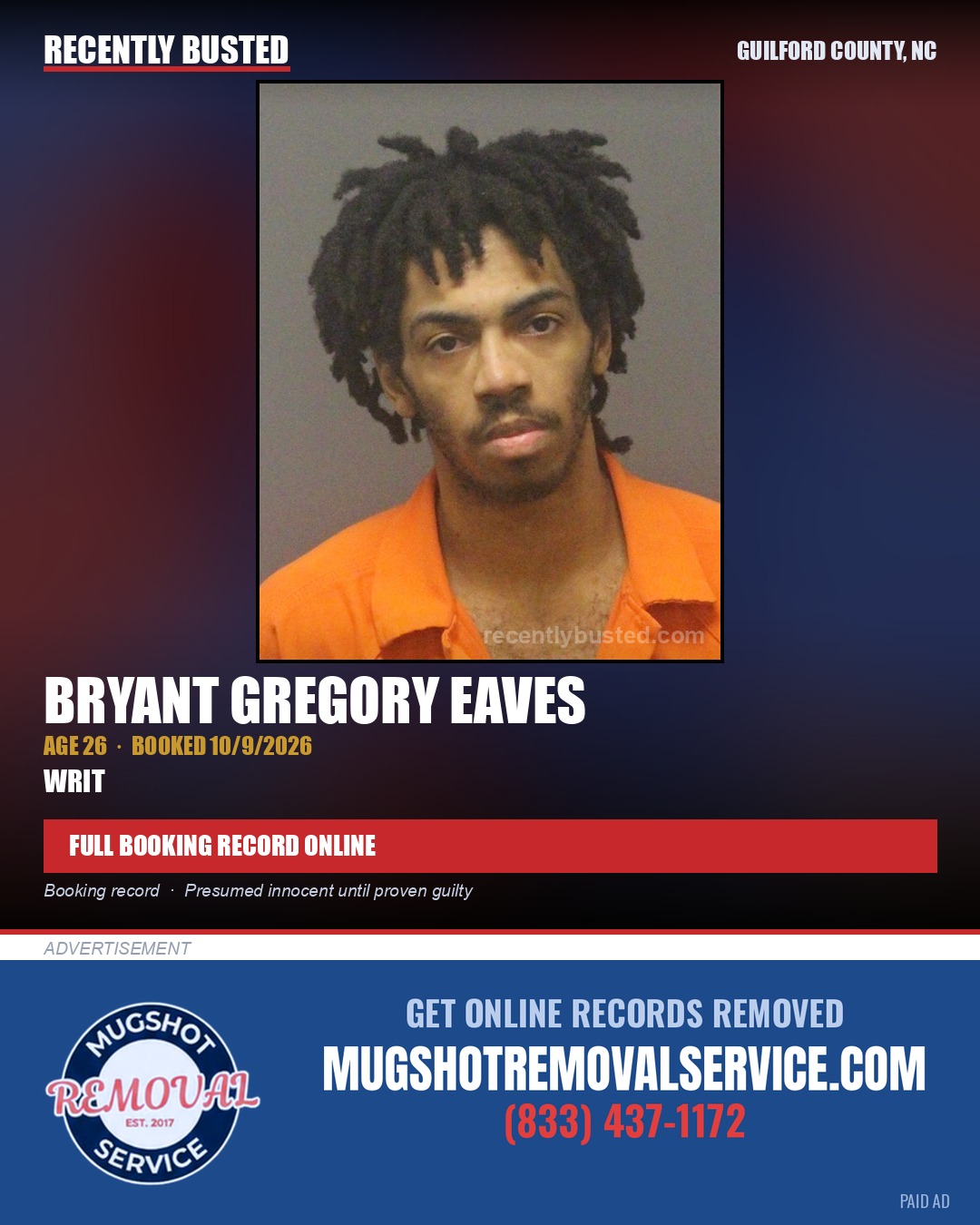 BRYANT GREGORY EAVES — arrest record card, Guilford County, North Carolina