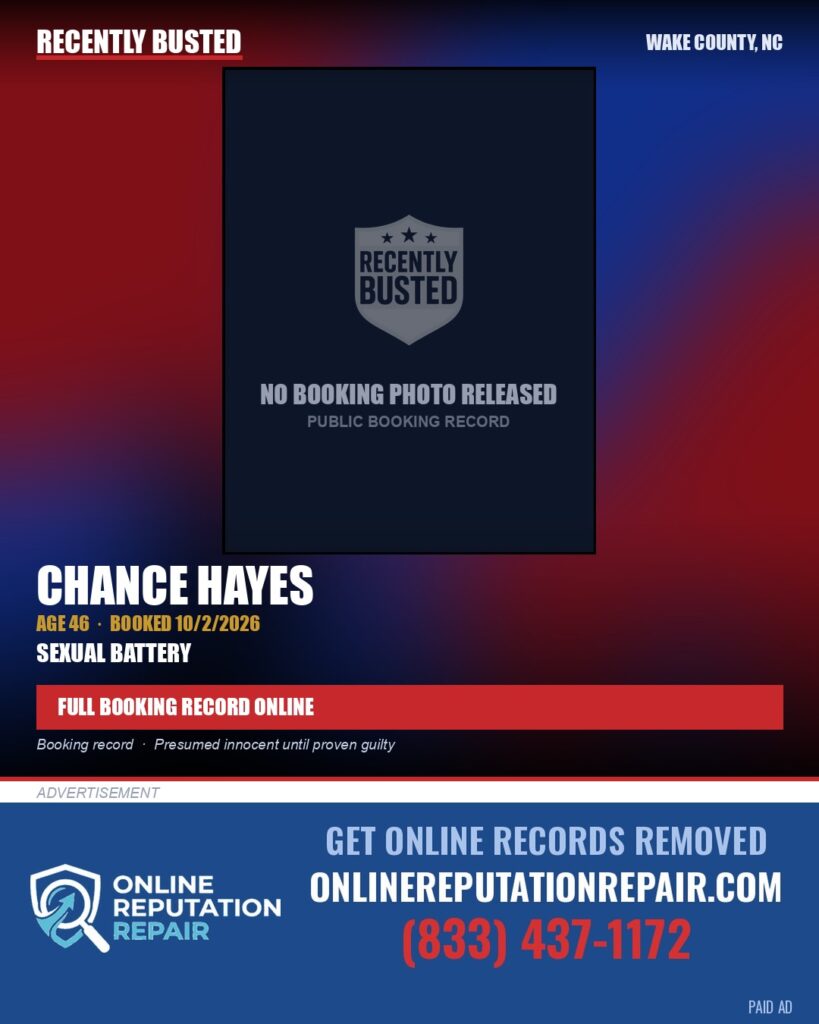 CHANCE HAYES — arrest record card, Wake County, North Carolina