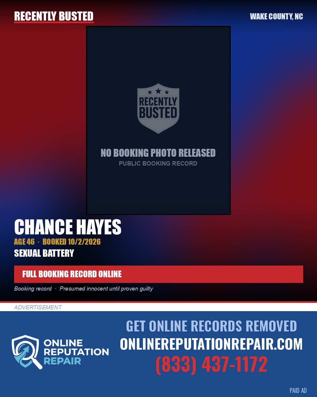 CHANCE HAYES — arrest record card, Wake County, North Carolina