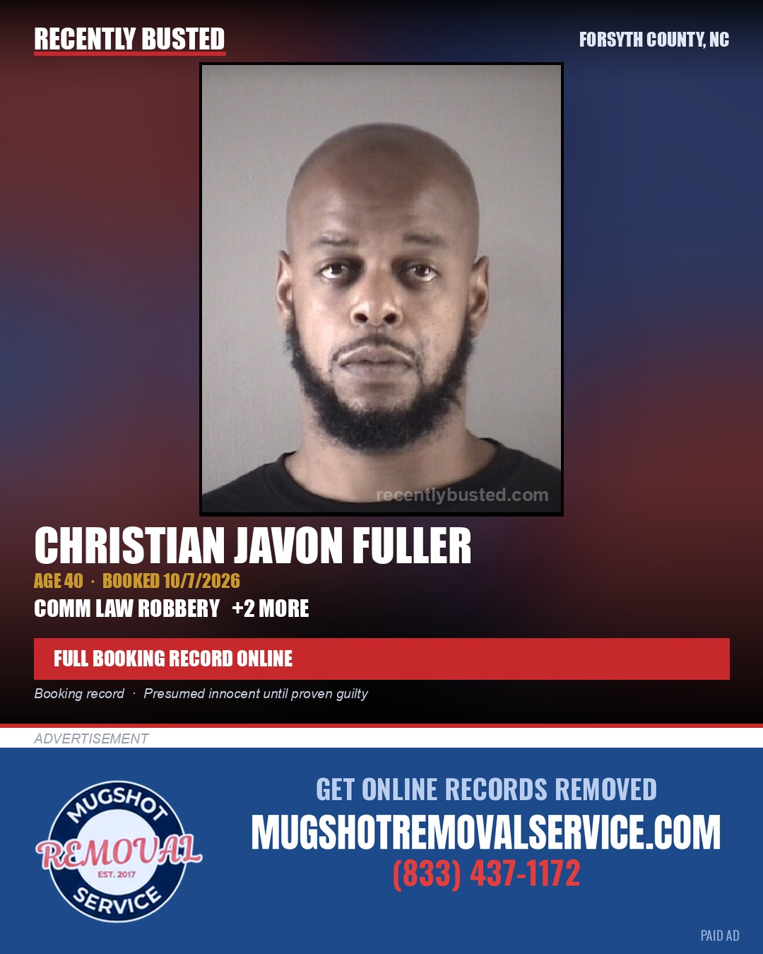 CHRISTIAN JAVON FULLER — arrest record card, Forsyth County, North Carolina