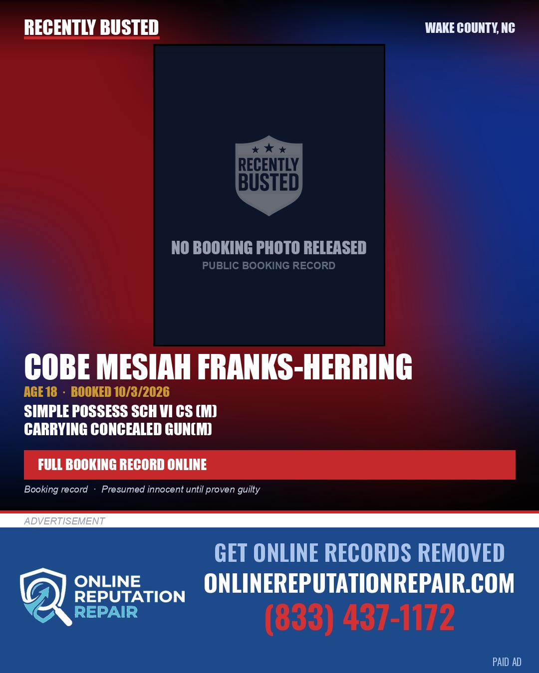 COBE MESIAH FRANKS-HERRING — arrest record card, Wake County, North Carolina