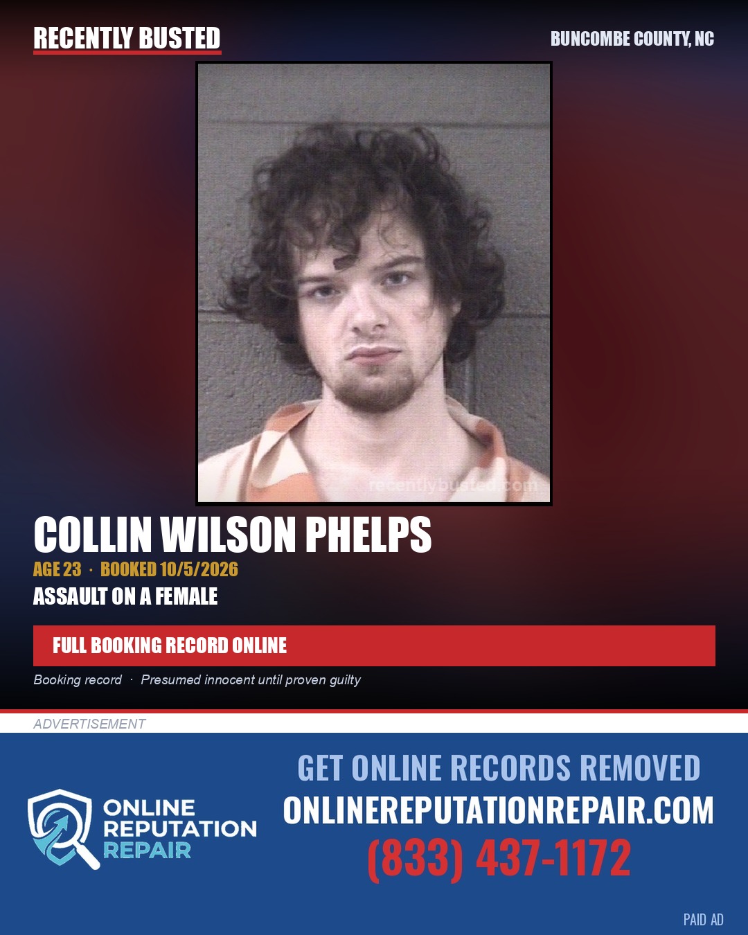 COLLIN WILSON PHELPS — arrest record card, Buncombe County, North Carolina